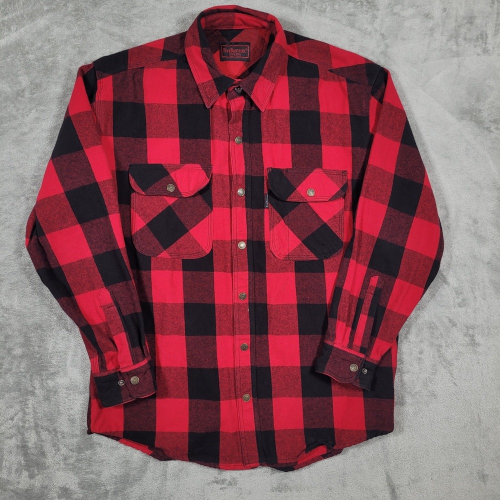 Five Brother Flannel Shirt Mens Large Red Buffalo Plaid Snap Front Heavy Work
